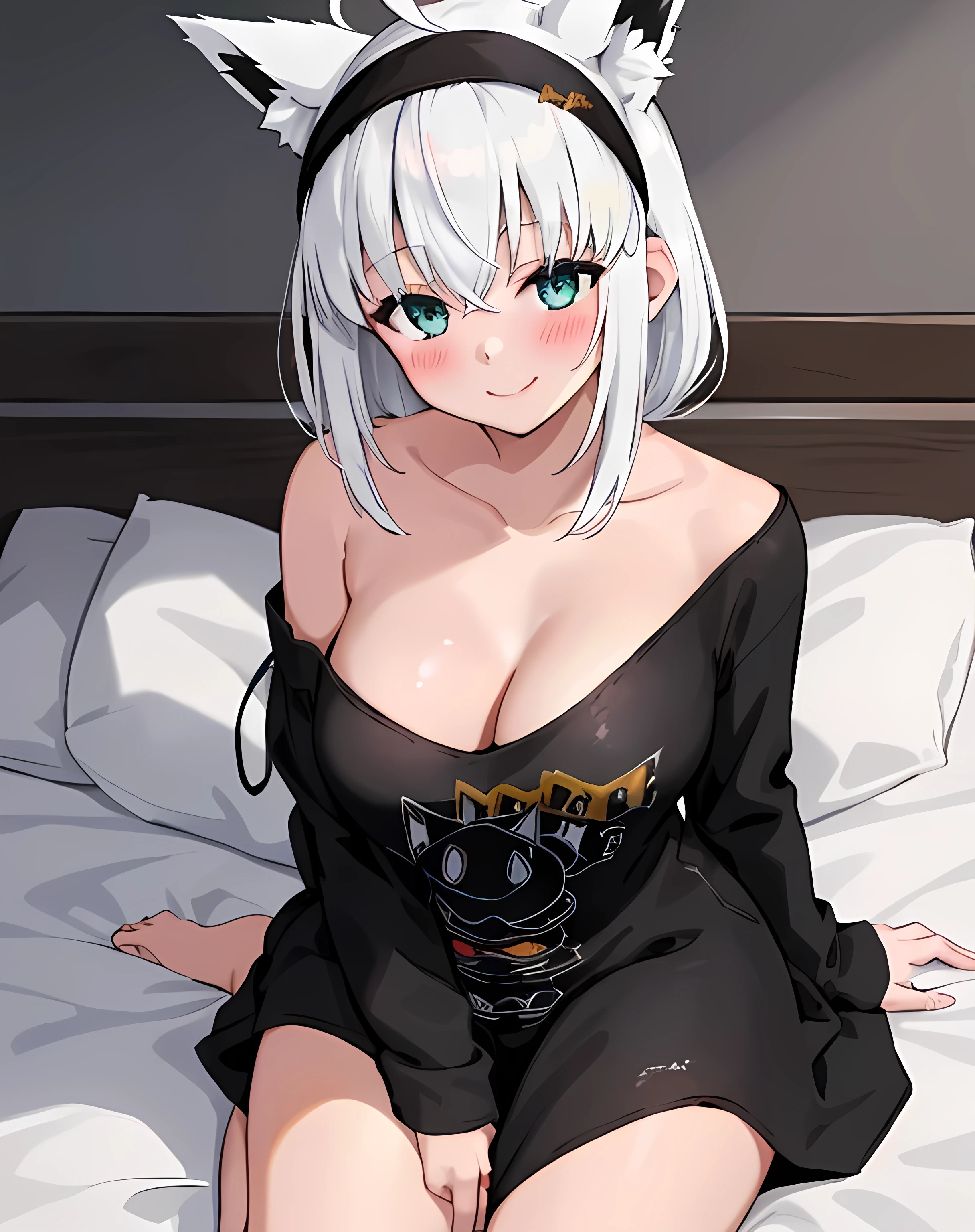 1girl, solo, bedroom, sitting, on bed, smile, blush, fubukirelax, sidelocks, black t-shirt, off-shoulder, black hairband, ahoge, fox tail, cleavage, big breasts, rounded breasts