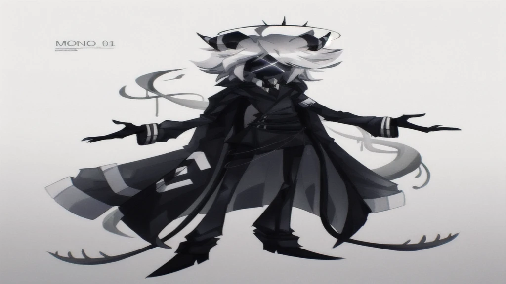 anime character with long white hair and black outfit holding a wand, digital art from danganronpa, interesting character design, monochrome artwork!!, from arknights, in style of cytus and deemo, zeronis style, great character design, [ character design ], concept art of a monk, demon noble character design, official concept art, mono