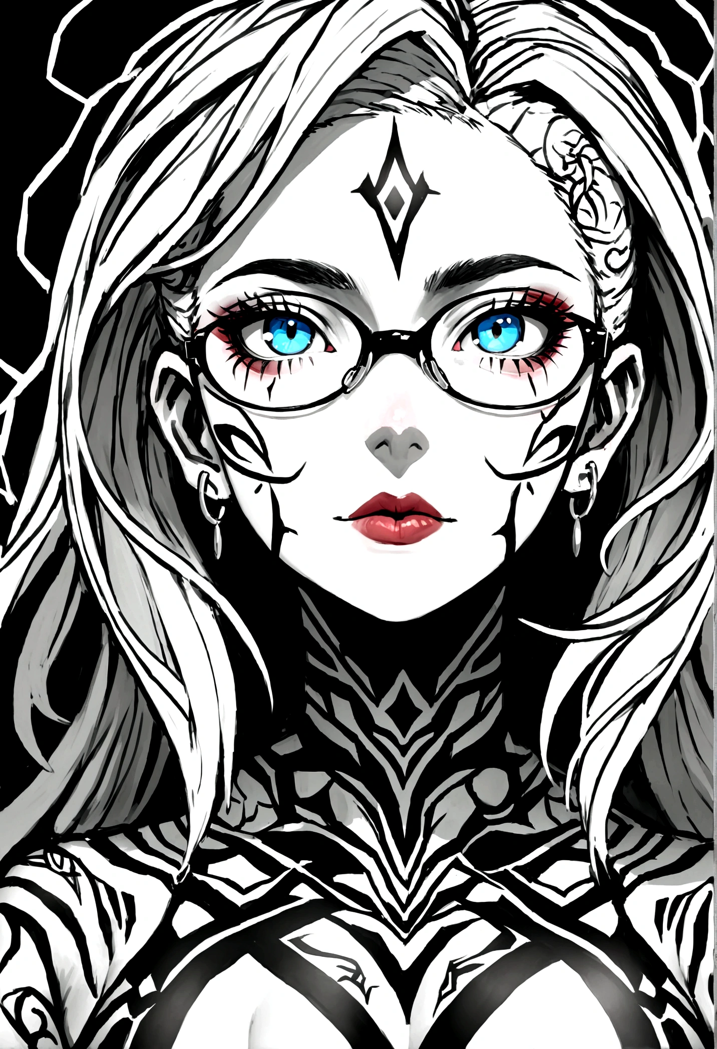 Two photos of a girl with a tattoo on her head and a girl with glasses, tatuagens no rosto, com tatuagem facial, tatuagens faciais, tatuagem no rosto, com tatuagens de runa no rosto, strange geometric facial tattoos, simetria facial ultra alta, body modification, symmetrical facial features, symmetry accurate human features, rosto tatuado, rostos extremamente afiados, alta simetria facial
