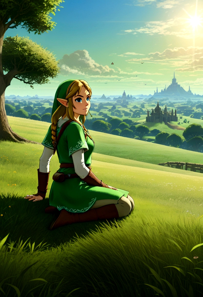 (The Legend of Zelda), Brave Link wakes up from slumber on the grassland in the sun. The sword in hand shining in the sun, ready for a new adventure. The background is the tranquil grassland and shading trees, full body, (Photography), panoramic view, award-winning, cinematic still, emotional, vignette, dynamic, vivid, (masterpiece, best quality, Professional, perfect composition, very aesthetic, absurdres, ultra-detailed, intricate details:1.3)