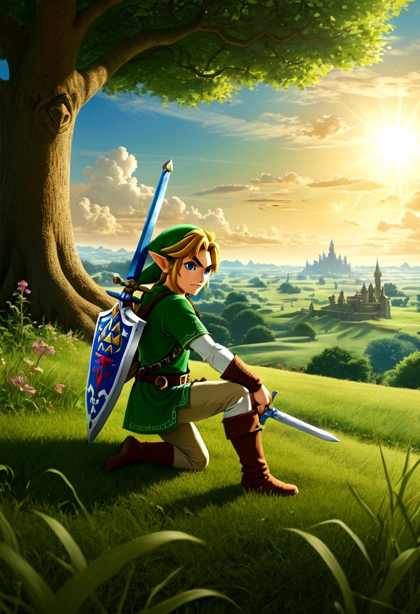 (The Legend of Zelda), Brave Link wakes up from slumber on the grassland in the sun. The sword in hand shining in the sun, ready for a new adventure. The background is the tranquil grassland and shading trees, full body, (Photography), panoramic view, award-winning, cinematic still, emotional, vignette, dynamic, vivid, (masterpiece, best quality, Professional, perfect composition, very aesthetic, absurdres, ultra-detailed, intricate details:1.3)