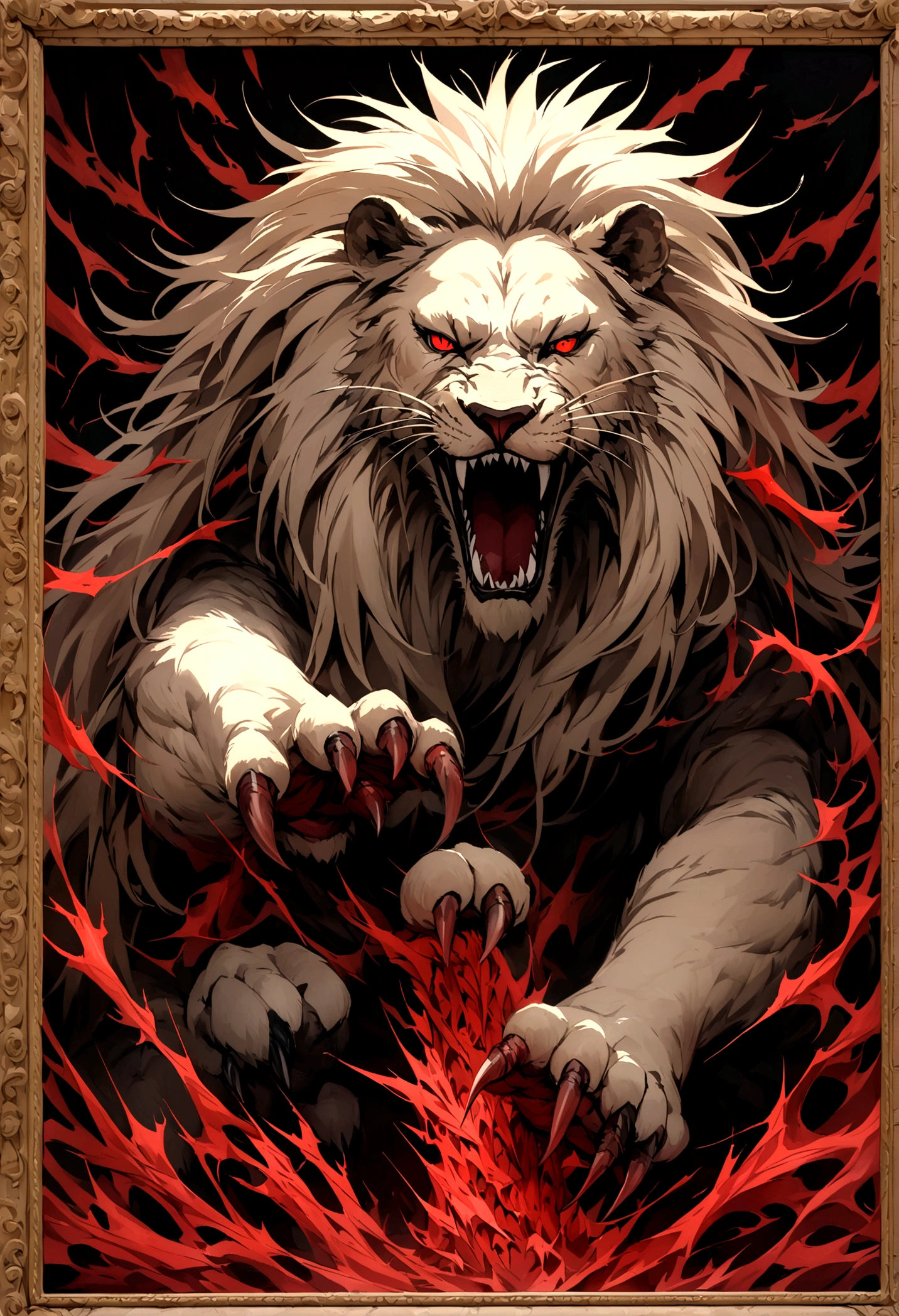 Narnia lion red eye long sharp teeth big nail with long hair deadly look on big stone 8k picture