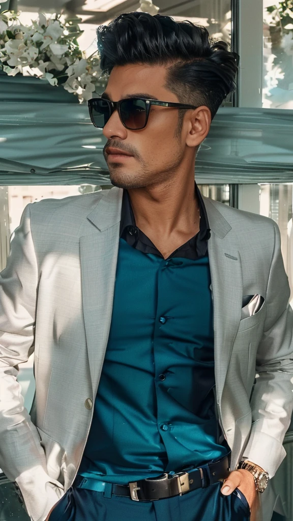 araffe dressed in a black suit and sunglasses standing in front of a window, wearing black suit, black suit and bowtie, wearing black jacket, wearing fashion suit, teal suit, with sunglass, in style of kar wai wong, in suit with black glasses, mohamed chahin style, wearing a colorful men's suit, full body photogenic shot, black shades