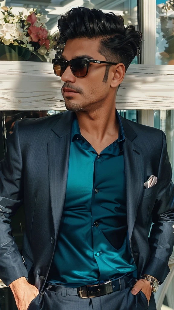 araffe dressed in a black suit and sunglasses standing in front of a window, wearing black suit, black suit and bowtie, wearing black jacket, wearing fashion suit, teal suit, with sunglass, in style of kar wai wong, in suit with black glasses, mohamed chahin style, wearing a colorful men's suit, full body photogenic shot, black shades