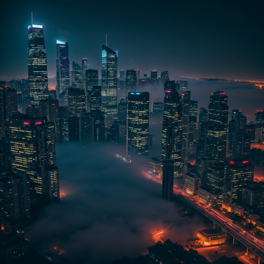 a night city map, cityscape, detailed night city, neon lights, dark skies, glowing city, glowing skyscrapers, futuristic architecture, cyberpunk aesthetic, moody lighting, atmospheric fog, dynamic camera angles, cinematic composition, hyper-realistic details, 8k, high quality, photorealistic