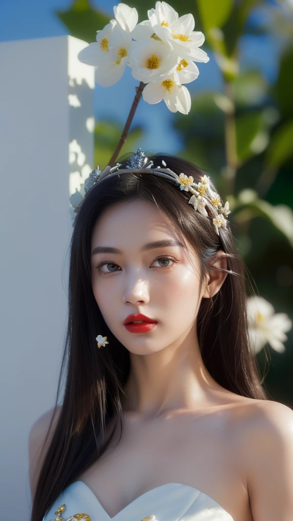 ((Hyper realistic super detailed, masterpiece:9.8, top quality:9.8, best quality:9.8, official art, beautiful:2.9), safe for work, sfw, ultra high res, (photorealistic:3.5), extreme detailed, colorful, highest detailed, official art, unity 8k wallpaper, ultra detailed, 1girl, very hot, very sexy, Detailed face:3.0, face is clear and delicate, 8K RAW, perfect face, Ultra realism, ((1 young Apsara, very hot, black hair, proper straight hair, long hair, posing in heaven)), white clouds, (((a little crown made of flowers on head, jawline))), ((cinematic shot, cinematic lighting, closeup shot, red lips, female anatomy)), ((long hair:2.2, straight hair:2.4, young apsara, detailed eyes, bare shoulders, white background, sky in background)), ((photo realistic, depth of field, fair skin:1.2)), high resolution, solo, gorgeous:2.5, upper body, cinematic lighting, HDR (High Dynamic Range), Ray Tracing, NVIDIA RTX, Super-Resolution, Unreal 5, Subsurface scattering, PBR Texturing, Post-processing, Anisotropic Filtering, Depth-of-field, Maximum clarity and sharpness, Multi-layered textures, Surface shading, Accurate simulation of light-material interaction, Perfect proportions, Octane Render, Two-tone lighting, Wide aperture, Low ISO, White balance, Rule of thirds