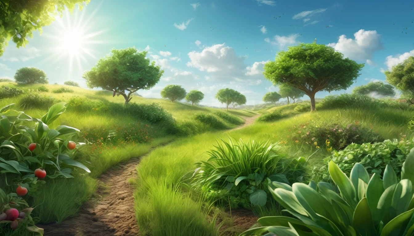 Hyper-realistic cinematic photographic patterns, lighting and ultra-detailed image. Creation of Vegetation: emergence of vegetation on land, with grass covering the ground, herbs with seeds sprouting and fruit trees beginning to bear fruit. Realistic digital painting style. Predominant shades of green, with touches of brown and vibrant fruit colors. Grass and herbs in the foreground, fruit trees in the background, clear blue sky in the background. Atmosphere of creation and renewal, transmitting peace and prosperity. Widescreen image format with 4K resolution.