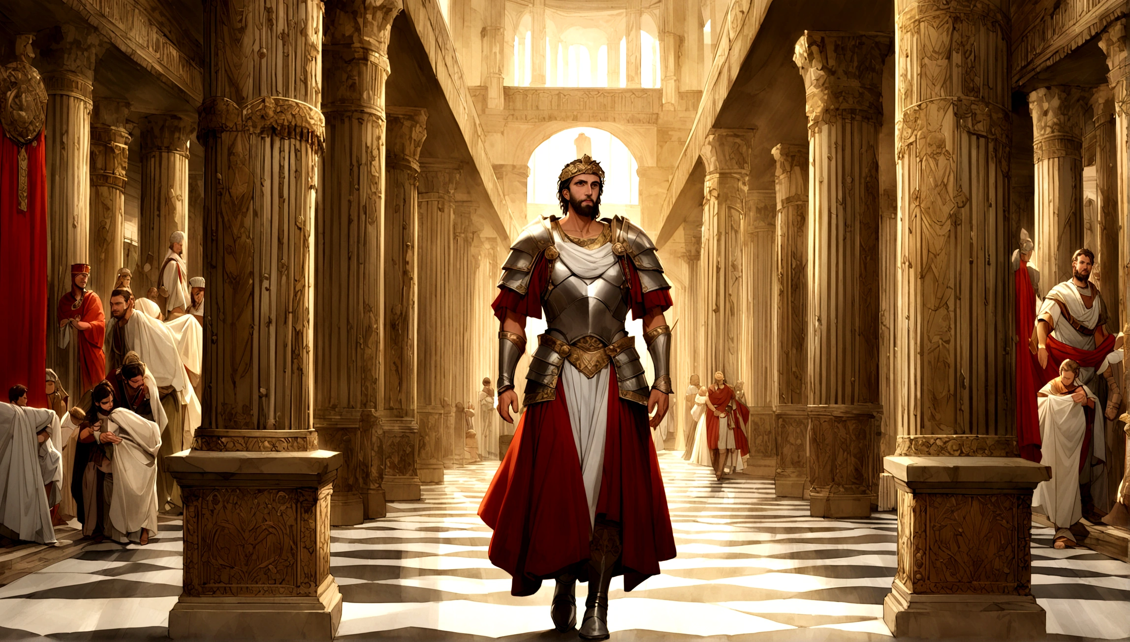 "A Roman soldier, clad in historically accurate armor, strides purposefully through the grand halls of a palace during the reign of Marcus Aurelius. The environment is richly detailed, capturing the opulence of ancient Rome, with intricate mosaics and towering columns that echo the footsteps of the soldier. The atmosphere is tense, suggesting a moment of significant historical importance."