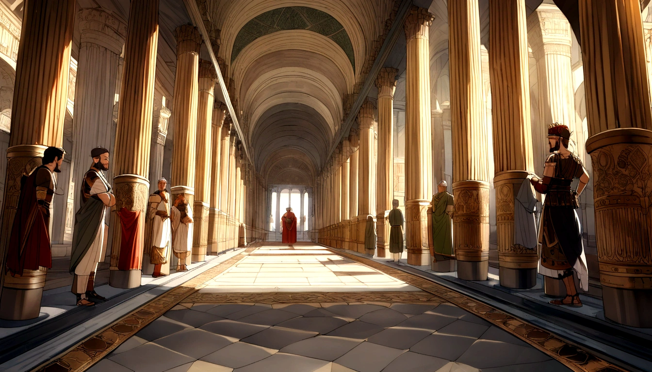 "A Roman soldier, clad in historically accurate armor, strides purposefully through the grand halls of a palace during the reign of Marcus Aurelius. The environment is richly detailed, capturing the opulence of ancient Rome, with intricate mosaics and towering columns that echo the footsteps of the soldier. The atmosphere is tense, suggesting a moment of significant historical importance."