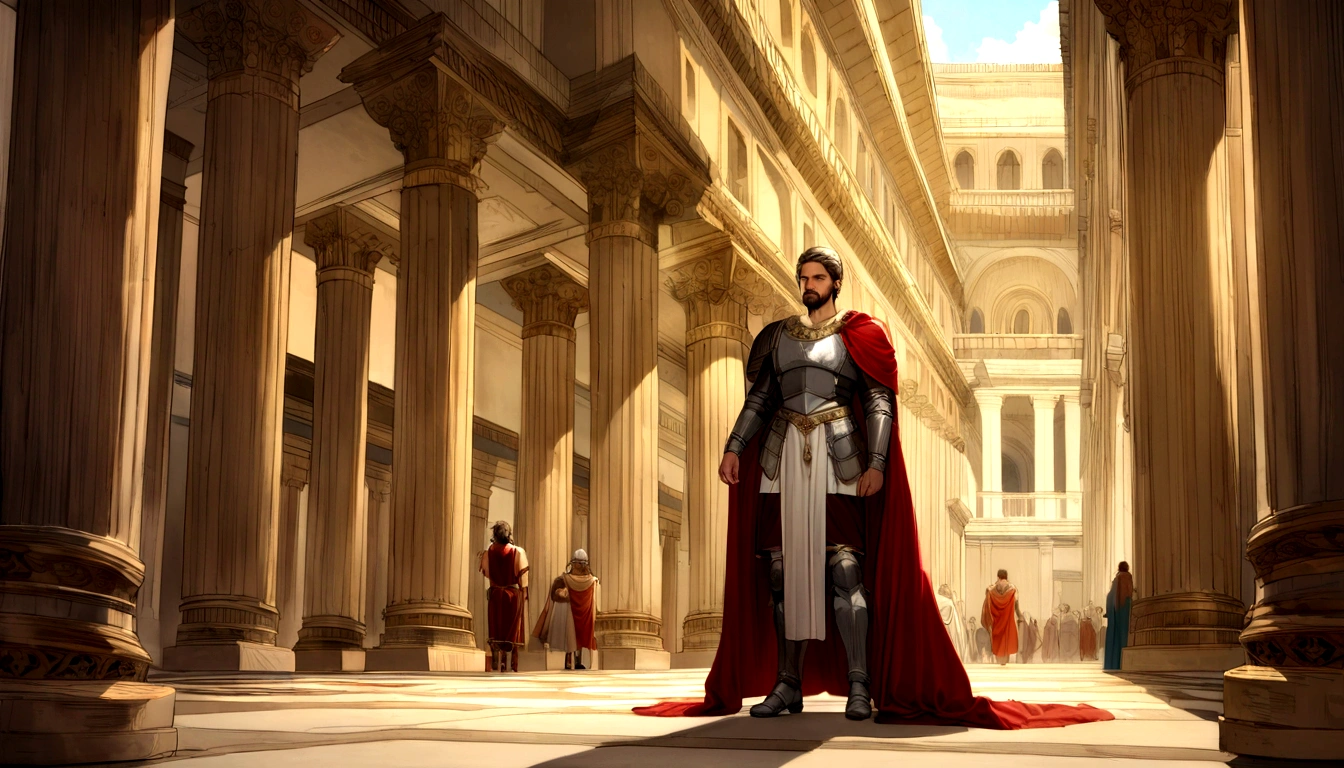 "A Roman soldier, clad in historically accurate armor, strides purposefully through the grand halls of a palace during the reign of Marcus Aurelius. The environment is richly detailed, capturing the opulence of ancient Rome, with intricate mosaics and towering columns that echo the footsteps of the soldier. The atmosphere is tense, suggesting a moment of significant historical importance."