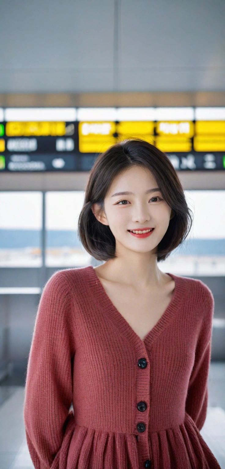 beautiful korean girl , 32 inch chest size, Your eyes are big and pretty. Standing in the departure hall of the airport. . short medium hair, A dress that completely covers the chest, laugh, uhd