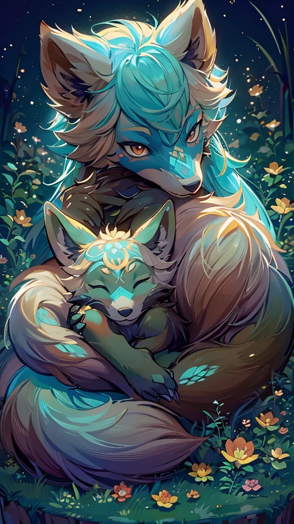 Show a cute turquoise fox cub curled up and sleeping. The  fox is surrounded by darkness. Only the baby glows 