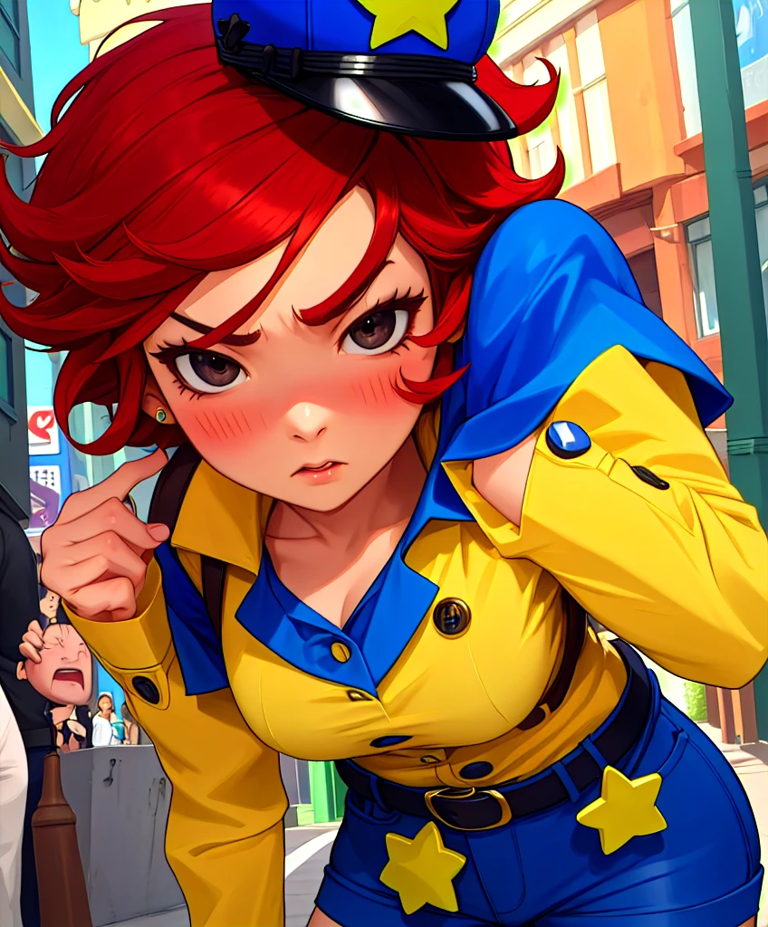 Rambambu,Yellow skin,black eyes,Red hair,blush,short hair,
blue shirt,long sleeves,police cap with star \(symbol\),buttons,Serious,belt,wrist cuffs,
standing,blue shorts,
streets,
(insanely detailed, beautiful detailed face, masterpiece, Best quality),One,