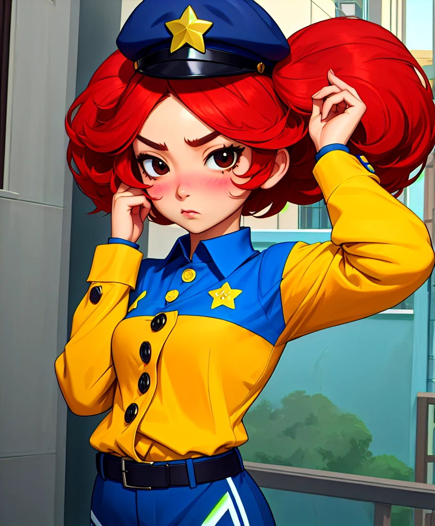 Rambambu,Yellow skin,black eyes,Red hair,blush,short hair,
blue shirt,long sleeves,police cap with star \(symbol\),buttons,Serious,belt,wrist cuffs,
standing,blue shorts,
streets,
(insanely detailed, beautiful detailed face, masterpiece, Best quality),One,