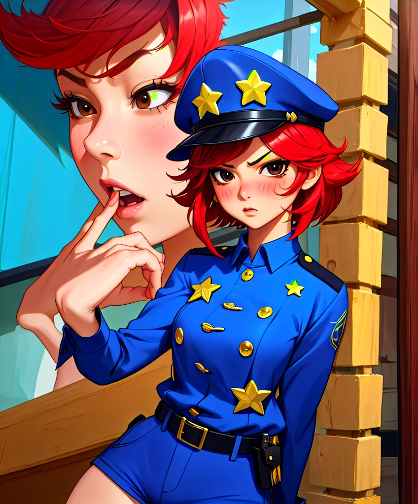 Rambambu,Yellow skin,black eyes,Red hair,blush,short hair,
blue shirt,long sleeves,police cap with star \(symbol\),buttons,Serious,belt,wrist cuffs,
standing,blue shorts,
streets,
(insanely detailed, beautiful detailed face, masterpiece, Best quality),One,