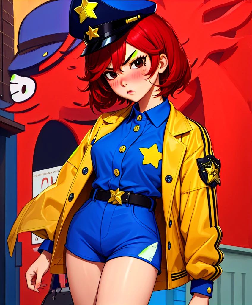 Rambambu,Yellow skin,black eyes,Red hair,blush,short hair,
blue shirt,long sleeves,police cap with star \(symbol\),buttons,Serious,belt,wrist cuffs,
standing,blue shorts,
streets,
(insanely detailed, beautiful detailed face, masterpiece, Best quality),One,