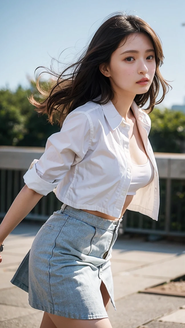((Extremely precise and accurate anatomy)), (((Low angle shooting、Looking into the camera:1.22,Leaning forward、Open shirt、No underwear)))、(((8K、Highest quality、masterpiece、Ultra-high resolution)))、(Realistic:1.4)、RAW Photos、(Real skin texture:1.3)、(Film Grain:1.1)、((Are standing、Skirt flutters in strong winds、Under the skirt、Do not bend your legs、Don'don't bend your knees、Spread your thighs、Beachside、))、One Girl、Beautiful and detailed eyes and face、masterpiece、Highest quality、close、thin、Japanese Uniform、dynamic、barefoot、Various poses、