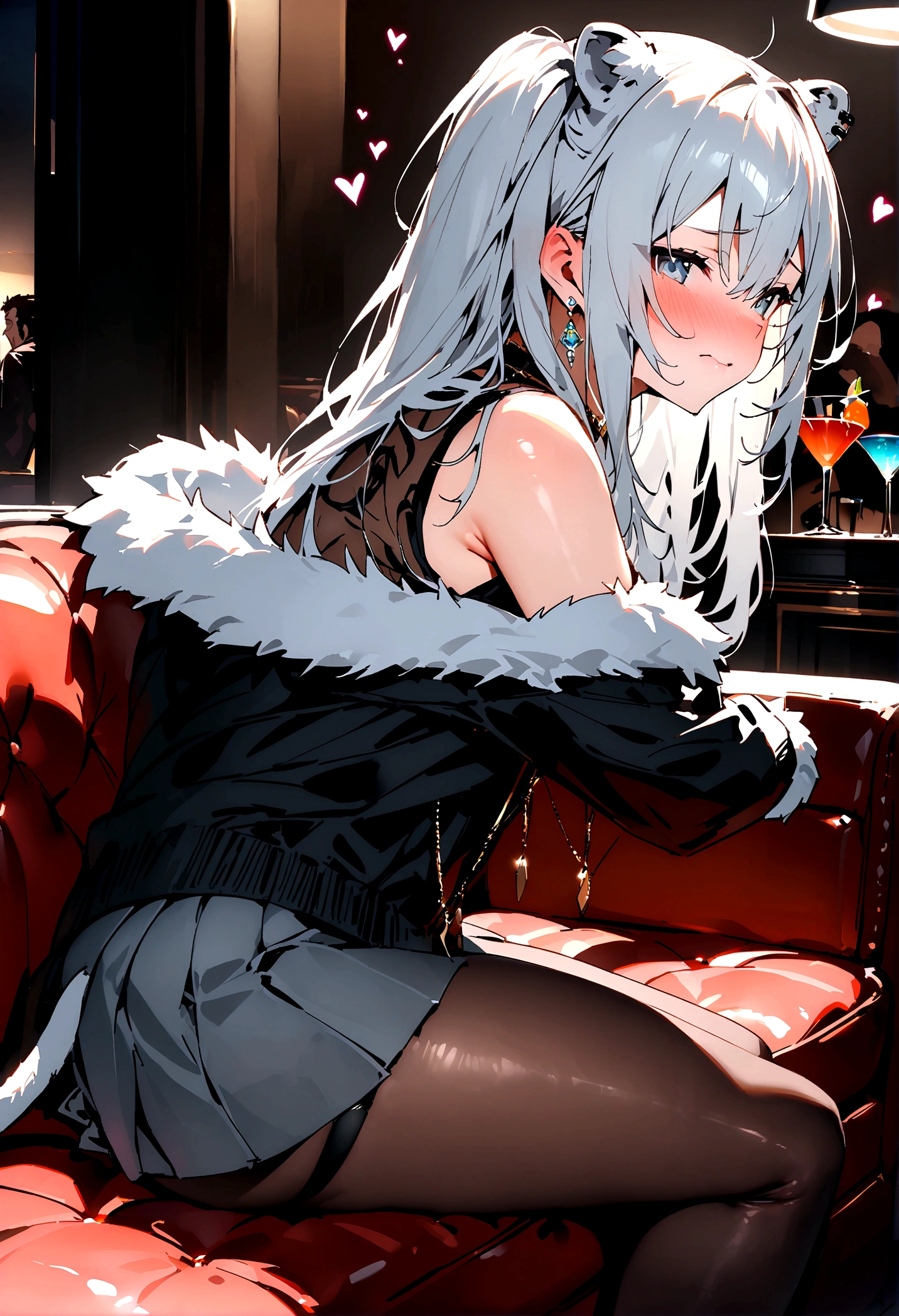 NSFW,masterpiece,Highest quality,High resolution,Super detailed,Shishirabotan\(Hololive\),Long Hair、Two Side Up、Earrings、Lion&#39;s Tail,necklace、Black Shirt、Sleeveless shirt、abdomen、See-through、Grey Skirt、片足pantyhose、pantyhose、fur-trimmed jacket、Black jacket、Off the shoulder,Black sexy panties,Embarrassed,blush,Luxurious Room,pub,Private room,sofa,Cocktail Glass,(Drunk),(Intoxication),Sitting,heart,Sexy pose,Panty shot,(Strong-faced men),男性が隣にSitting,A man puts his hands on her waist and hugs her