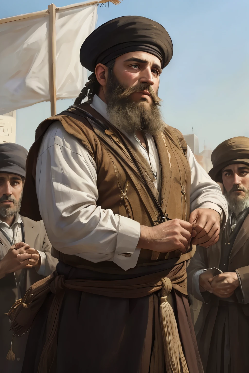 Make a Jewish man from the past, with a distinctly Jewish appearance and traditional attire, fiercely advocating for resistance. His eyes, filled with determination and conviction, are sharply focused on the crowd. The setting is a bustling marketplace, with the crowd surrounding him like a sea of faces. The man's beard, thick and well-groomed, contrasts against his white tzitzit, the fringes of his prayer shawl, fluttering gently in the wind. The atmosphere is tense, with the crowd's murmurs and disagreements audible in the background. The image is realistic and highly detailed, capturing the man's intense expression and the emotions of the crowd