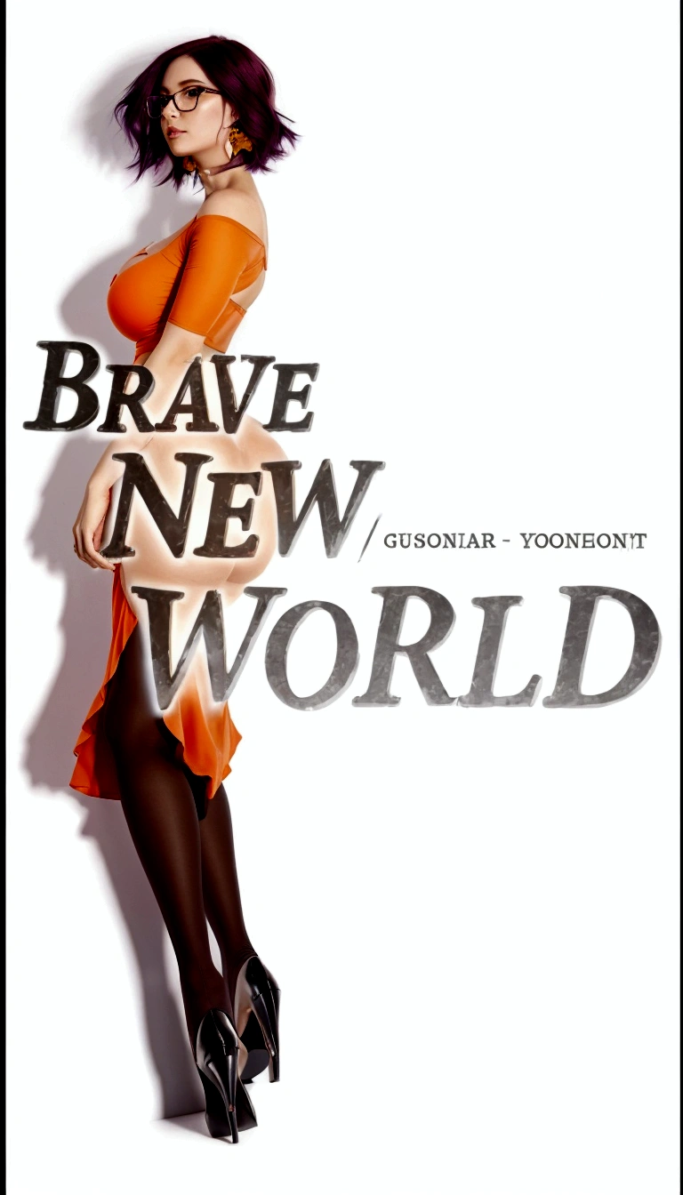 purple haired woman wearing glasses with extremely large breasts and a large butt and small waist wearing heels and see through black leggings and wearing a skimpy tight orange dress