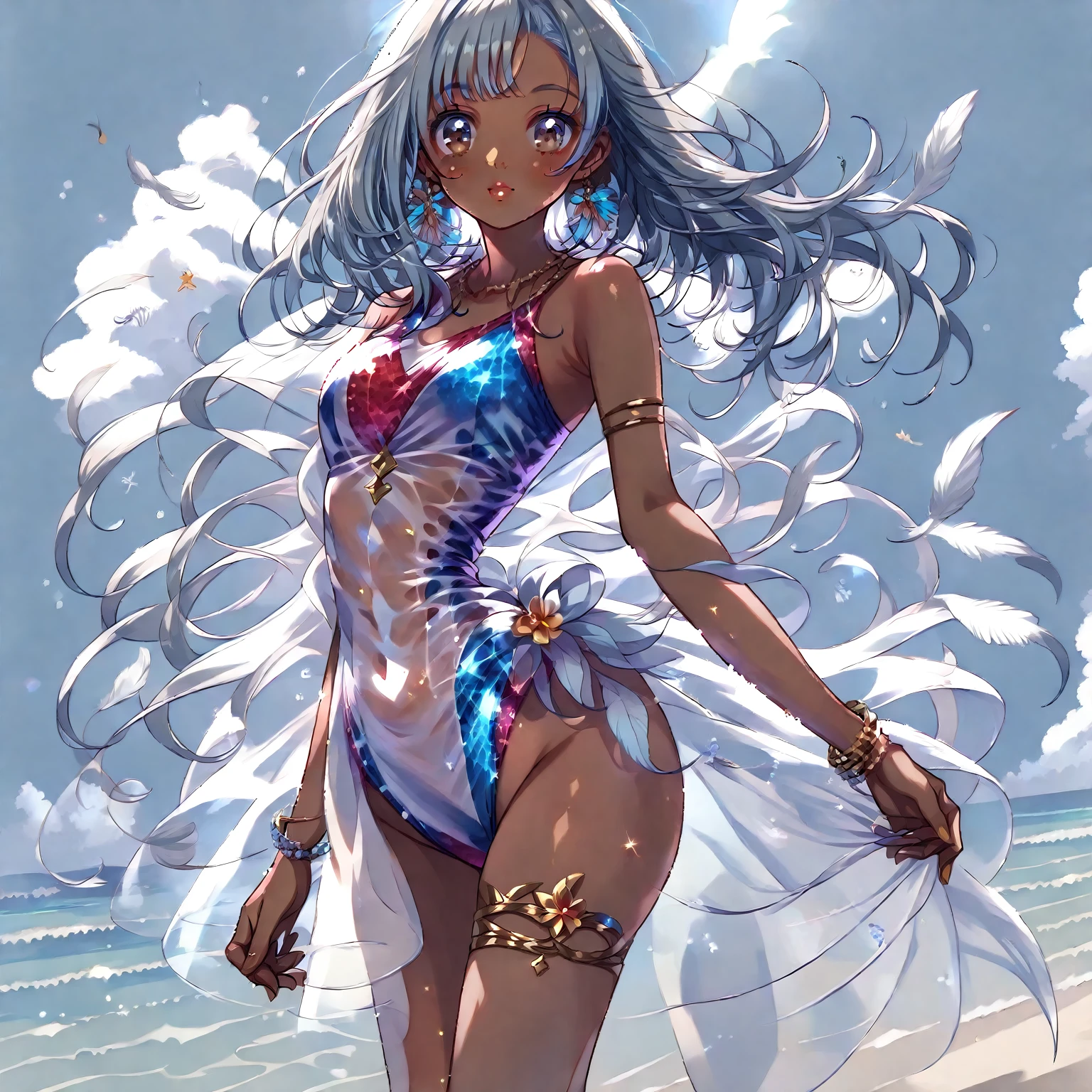 score_9, score_8_up, score_7_up, source_anime,masterpiece, best quality, high resolution, extremely detailed CG, absurdres, highres, 1girl, a dark skin girl in a swimsuit, posing at the beach, (((light blue hair))), golden_decorations, feathers on swimsuit, asymmetric swimsuit, ((glitter swimsuit, shiny swimsuit)), Ombre swimsuit, gorgeous, single thighhigh, beach and blue sky in background, ((((transparent_dress)))), neondskdrmsxl
