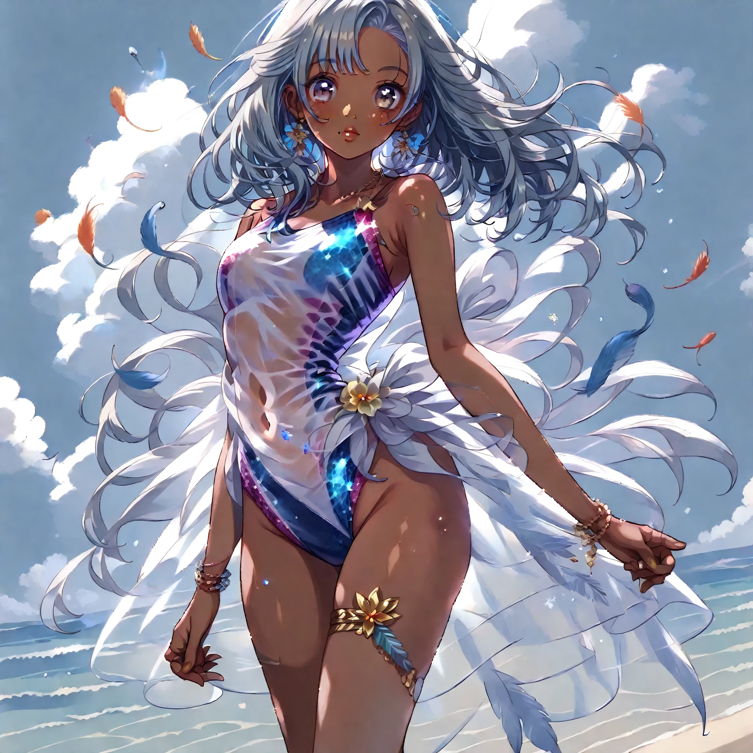 score_9, score_8_up, score_7_up, source_anime,masterpiece, best quality, high resolution, extremely detailed CG, absurdres, highres, 1girl, a dark skin girl in a swimsuit, posing at the beach, (((light blue hair))), golden_decorations, feathers on swimsuit, asymmetric swimsuit, ((glitter swimsuit, shiny swimsuit)), Ombre swimsuit, gorgeous, single thighhigh, beach and blue sky in background, ((((transparent_dress)))), neondskdrmsxl