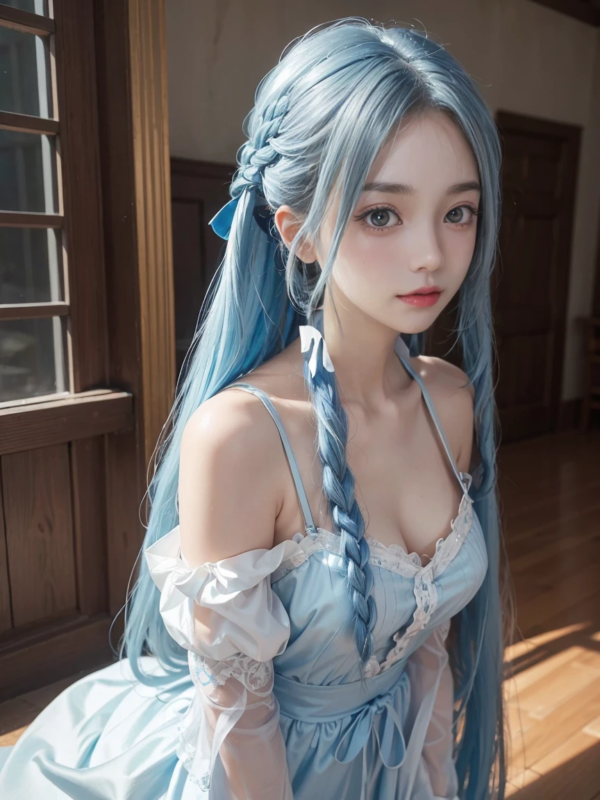 close up of a woman Blue Hairの posing for a picture, Real life anime girls, Anime Girl Cosplay, 美しいBlue Hairの少女, pretty girl Blue Hairの, Anime Cosplay, Sky blue straight hair, 流れるようなBlue Hair, Blue Hairの, girl Blue Hairの, Blue long hair, long 流れるようなBlue Hair, Straight sky blue hair, 美しいアニメスタイル Blue Hairと白いシャツを持つ人の接写, Real life anime girls, Hair blue two long braids, Pigtailsstyle, Two long blue braids, two blue braids, Twin tail hairstyle, Long blue braided hair, Anime Style, Inspired by anime, 美しいBlue Hairの少女, カラフルなPigtails, Pigtails,Slim figure, Small Bust, Slim girl model,,(Beautiful attention to detail:1.1),Expressionless,palace,Blue Hair,Disheveled Hair,Long bangs,Hair between the eyes,(White grey dress:1.1),Black Ribbon,White bow tie,abdomen,Large forehead,Blank face,pretty girl,, Upper Body, Sparkling eyes,Absurd, RAW Photos, Beautiful 17 year old Croatian girl, One girl,(Highly detailed skin),Curvy,Spaghetti strap top,,Fine details,Highly detailed CG,Detailed Texture,Realistic facial expression,masterpiece,Presence,dynamic,bold),Bob Hair,(Very thin hair),(Super soft hair),(Super Straight Hair:1.5),流したLong bangs,Very light coppery amber hair,Hair on one eye,Dressed,(Beautiful attention to detail:1.6), Highly detailed face, Perfect lighting, Highly detailed CG, (Perfect hands, Perfect Anatomy)Cecilia&#39;s hairstyle、It represents the purity of the White Saint and the strength of the Black Priest.。You can choose to incorporate either or both hair colors.、The hair style is sophisticated、Give it a sense of holiness and depth.。