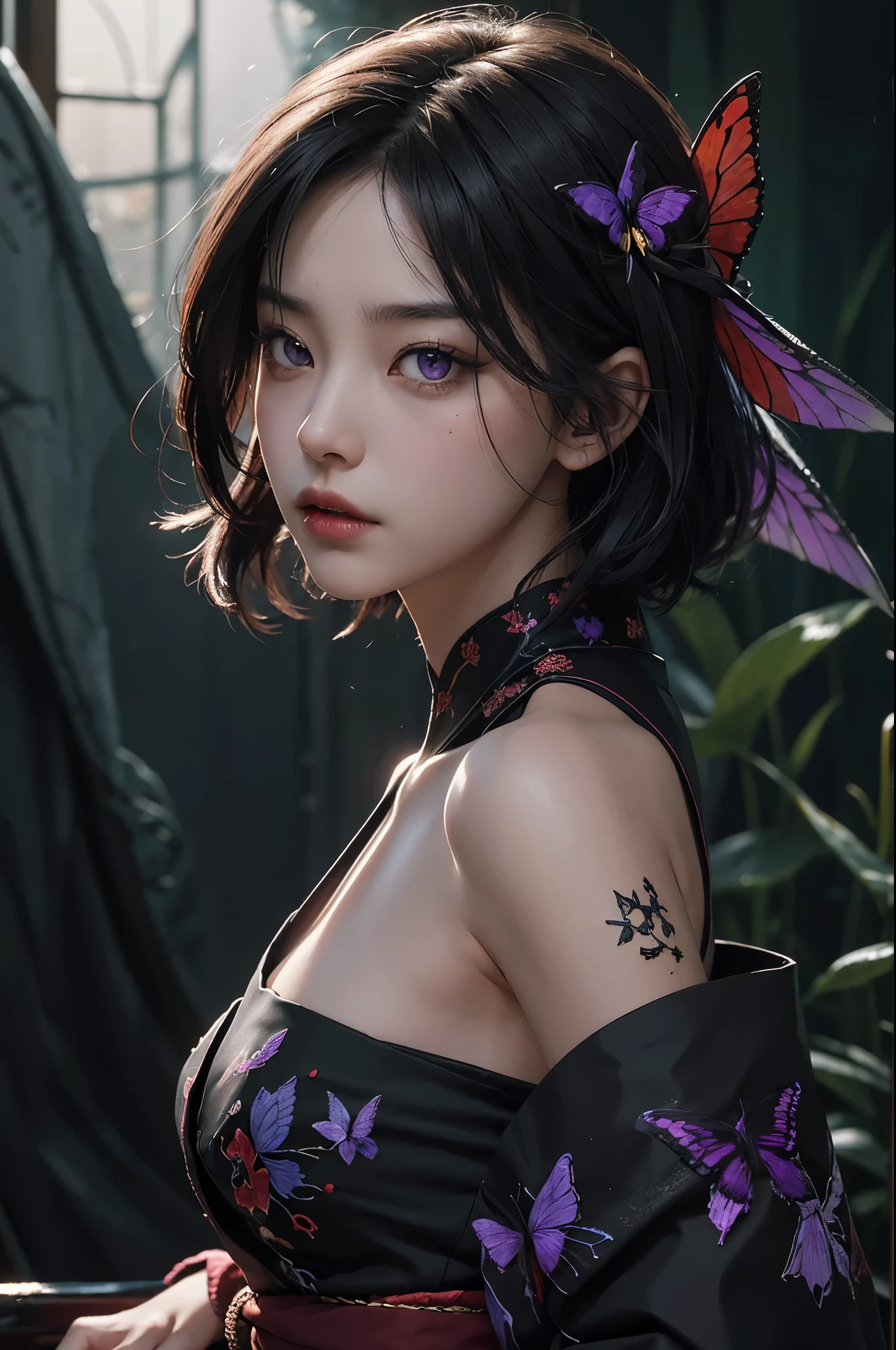 8K,Women in traditional Japanese kimonos fighting,(Dark Shot:1.4), 80mm, (Dark Shot:1.4), 80mm, A magnificent reality, Big eyes,Black short bob hair,Black and purple butterfly hair ornament,Black kimono and red obi,黒と紫のButterfly embroidery(精密なButterfly embroidery),Purple eyes(Purple Effect),mat, art,Horror movie lights, Photo Lab, High resolution, 複雑で非常にdetailed, (Depth of written border:1.4), (Dark Shot:1.22), (artステーション:1.2), 超detailedな, dramatic, Intricate details, (Technicolor:0.9), (Rutkowski:0.8), Like a horror movie, detailed, Soft Light, sharp, Exposure Blending, Medium Shot, (Noir:0.4), horror light,sharp, Exposure Blending、Medium Shot,Photorealistic RAW photos of the highest quality。Backlight, Cinema Lighting, Film Grain, 50mm lens, Nikon D850,Realistic Skin,ファンタジーart,キャラクターart,超High resolution,Muscular and slim body,super Realistic Skin,Late Night,Underworld demon makeup,Battle Scenes,Action Scenes,Action pose,激しいAction pose,fierce fighting,Holding a dagger,Acrobatic pose,Fighting Style,Butterfly embroidery,Dim forest,