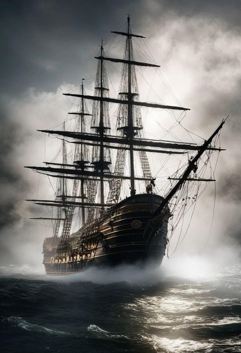 Cinematic picture. mysterious, modern vintage. The fog is thick. ultra-stunning lighting. ("Santa Maria" Flagship of Columbus) conceptual art, super detailed, stunning composition. hyperrealistic photography, --ar 2:3 --expressive style --v 5.