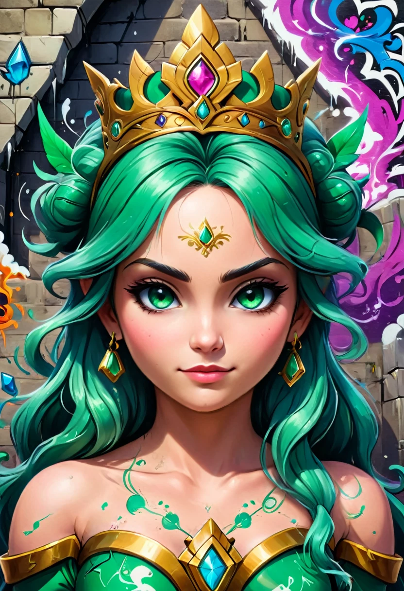a graffiti painting art on the wall of the castle of Princess Zelda on the wall of a castle, ,Princess Zelda (intense details, Masterpiece, best quality: 1.5), wearing intricate green dress, delicate diamond crown, ultra detailed face, ultra feminine, fair skin, exquisite beauty, gold hair, long hair, wavy hair, small pointed ears, dynamic eyes color, wearing heavy green and white armor, shinning metal, armed with elven sword, ais-graffiti, chumbasket art style, graffiti art