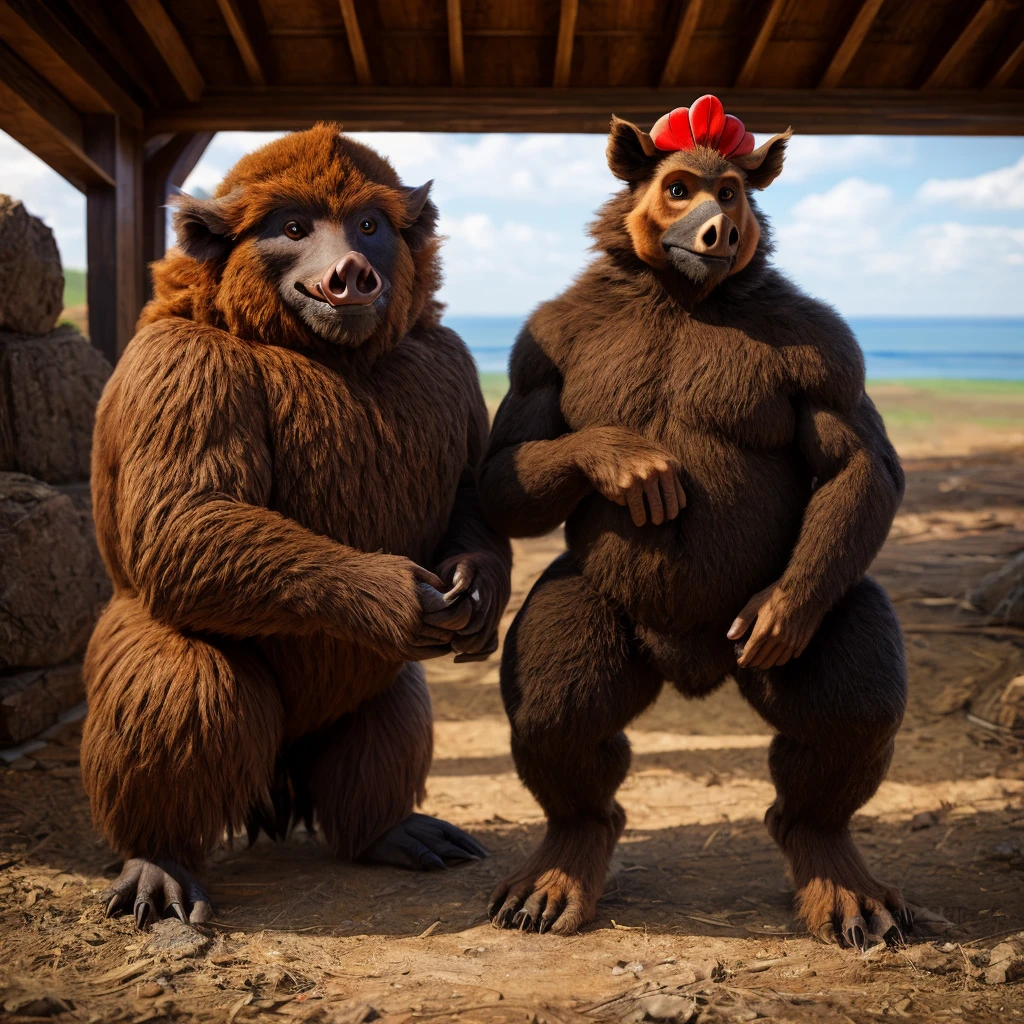 real photography, unique composition that mixes and brings together in an almost surreal design four different types of animals in one Boar body, chicken tail, head of woolly monkeys, Navalheira arms and legs. 
