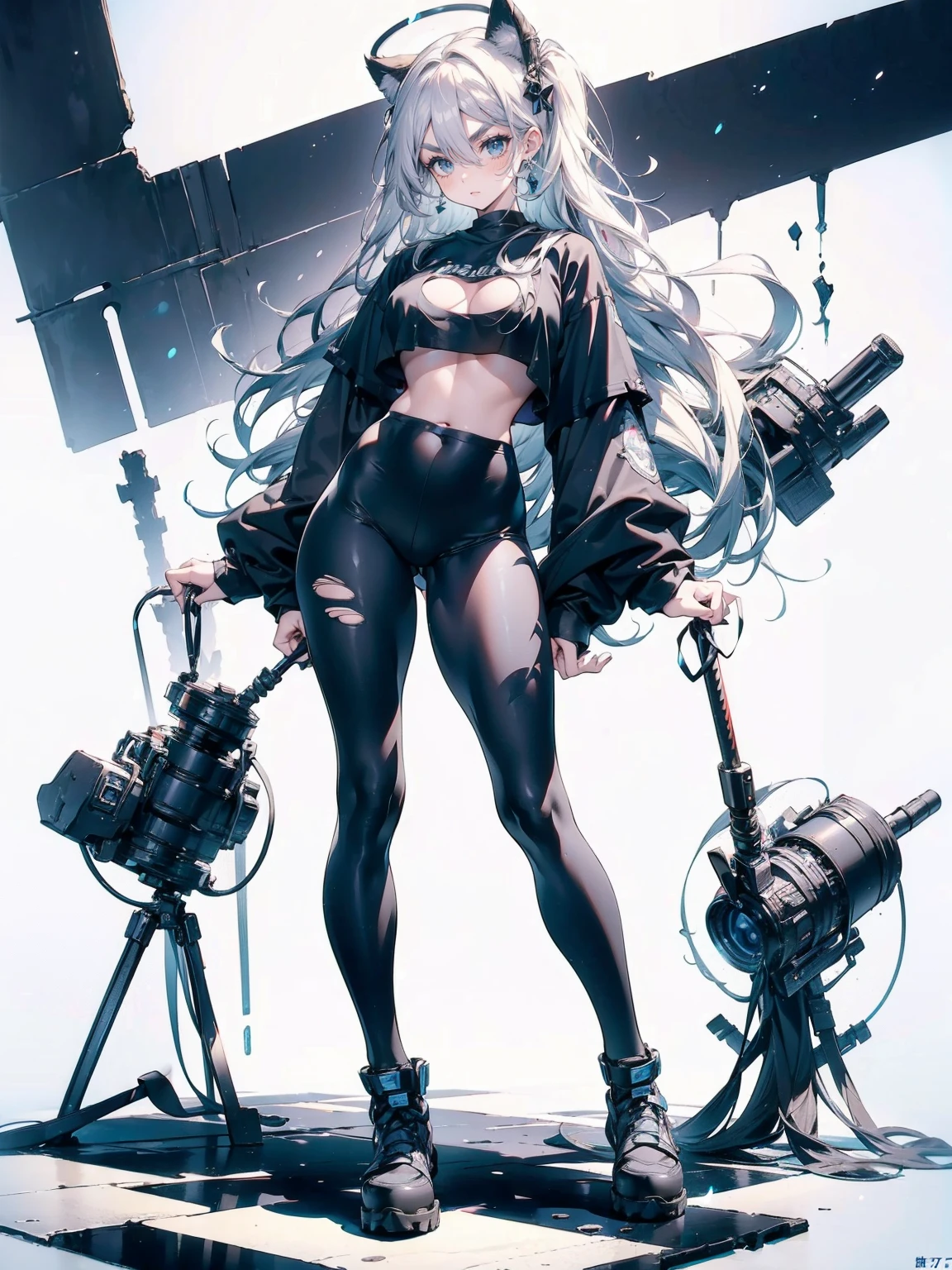 Sense of presence, look up, Focus on shoes, (White Hair Girl), (Thick, dark blue eyebrows:1.4), (Dark blue eyebrows:1.7), (Thick eyebrows:1.3), (Huge black fluffy animal ears:1.1), (Black animal ears:1.1), BREAK, (((Mesh Stitching Crop T-Shirt, Cutout Long Sleeve Top))),BREAK, (Big Breasts:1.2, Thick legs, Adult female body, Sturdy body:1.2), ((full body:1.7, Contrapposto:1.5)), (sharp eyes, Ultra-high definition CG, Precisely designed costumes, 4K, 8K, Ultra-high definition CG, Precisely designed costumes, Clear lines, Expressive and Captivating Eyes, Fine Details and Realistic Textures, cinematic lighting), ((white background)), BREAK, (Wearing black leggings with holes), Skinny sleeves, (Torn and holey leggings:1.2)(Black leggings:1.4), (過剰なRuggedThick soleブーツを履いています:1.2), (Thick sole:1.5), (Big shoes:1.3), brwak,((Lightsabers:1.3, embarrassed))