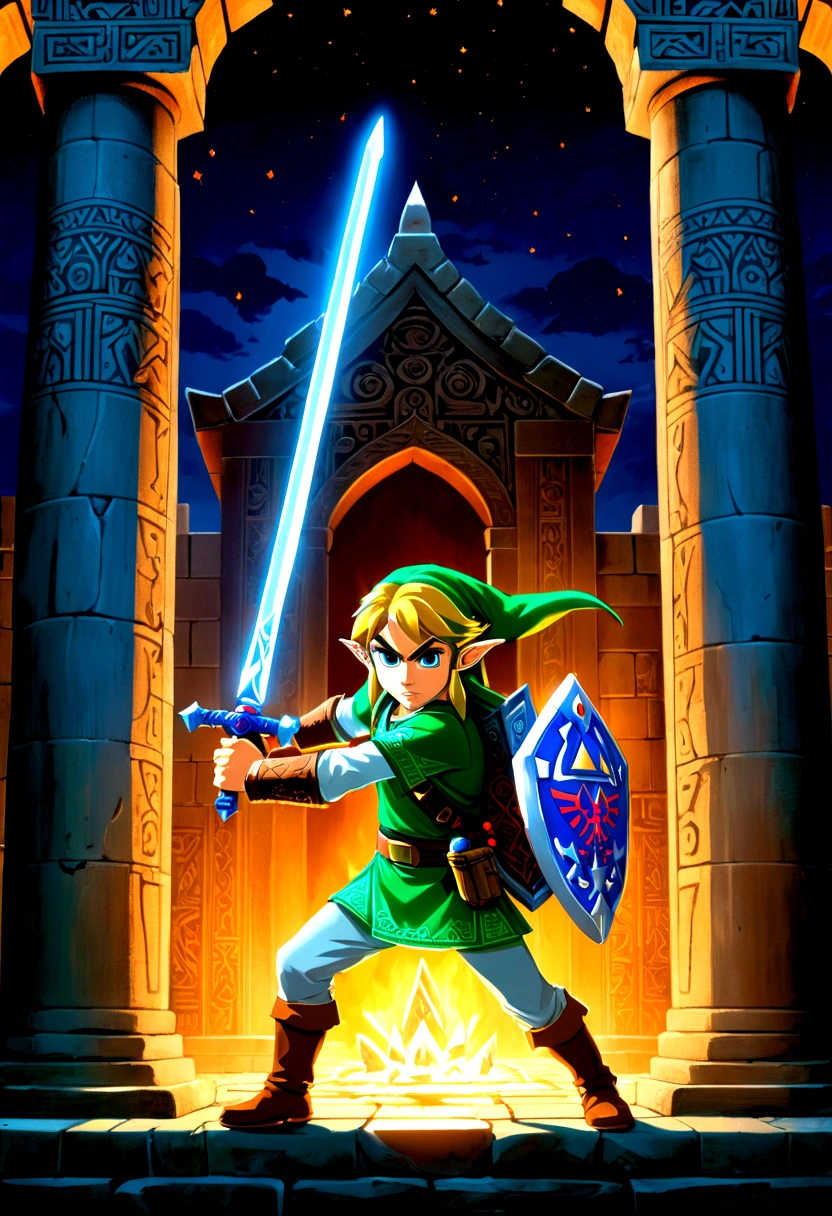 (The Legend of Zelda), Brave Link wakes up from slumber on the grassland in the sun. The sword in hand shining in the sun, ready for a new adventure. The background is the tranquil grassland and shading trees, full body, (Photography), panoramic view, award-winning, cinematic still, emotional, vignette, dynamic, vivid, (masterpiece, best quality, Professional, perfect composition, very aesthetic, absurdres, ultra-detailed, intricate details:1.3)