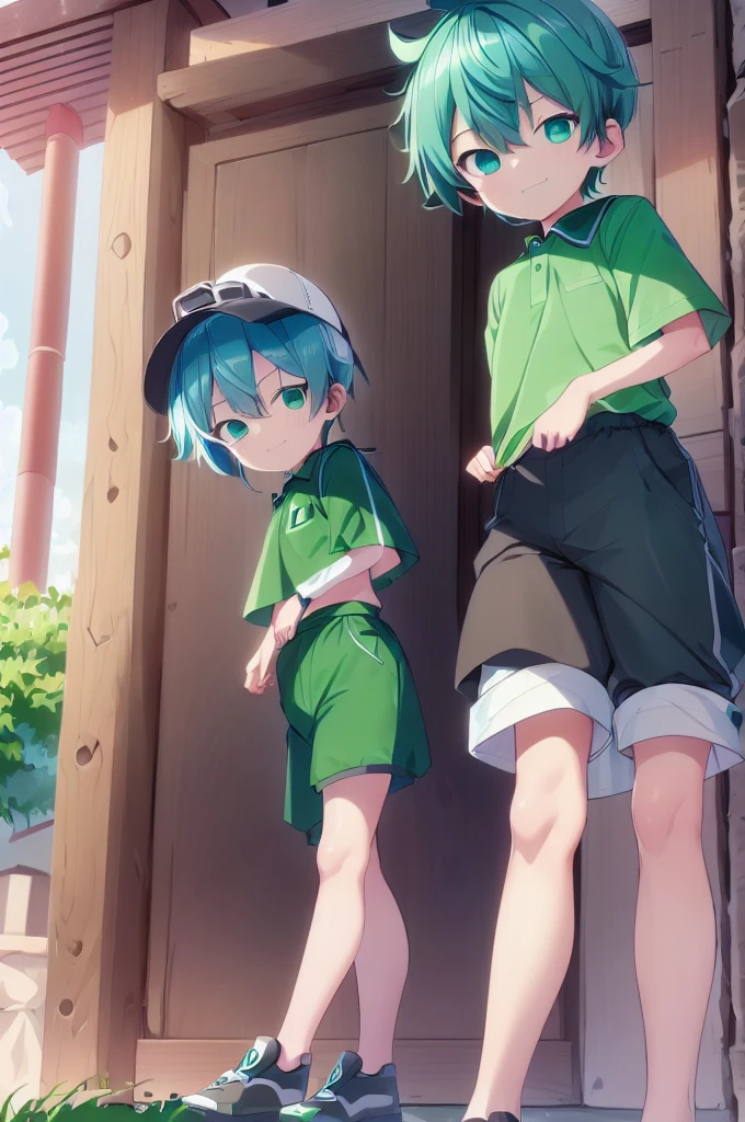 1 boy, Aoi, Blue Hair, masterpiece, Ultra Detailed, Male focus, Green Polo Shirt, Green baseball cap, Green Eyes
 