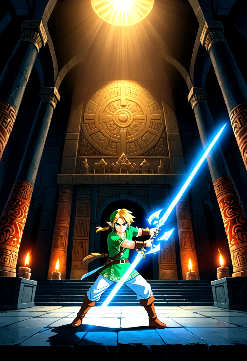 (The Legend of Zelda), Brave Link fights the enemy in front of the temple. He holds the long sword that flashes blue light tightly. The sword in his hand accurately repels the enemy's invasion. His figure dances in the firelight and shadow, showing his heroic appearance. The background is an ancient temple, full body, (Photography), panoramic view, award-winning, cinematic still, emotional, vignette, dynamic, vivid, (masterpiece, best quality, Professional, perfect composition, very aesthetic, absurdres, ultra-detailed, intricate details:1.3)