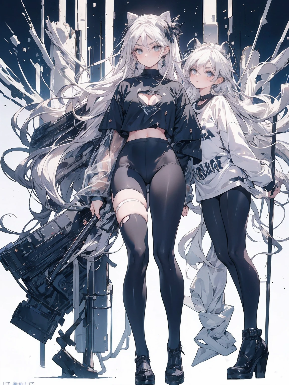Sense of presence, look up, Focus on shoes, (White Hair Girl), (Thick, dark blue eyebrows:1.4), (Dark blue eyebrows:1.7), (Thick eyebrows:1.3), (Huge black fluffy animal ears:1.1), (Black animal ears:1.1), BREAK, (((Mesh Stitching Crop T-Shirt, Cutout Long Sleeve Top))),BREAK, (Big Breasts:1.2, Thick legs, Adult female body, Sturdy body:1.2), ((full body:1.7, Contrapposto:1.5)), (sharp eyes, Ultra-high definition CG, Precisely designed costumes, 4K, 8K, Ultra-high definition CG, Precisely designed costumes, Clear lines, Expressive and Captivating Eyes, Fine Details and Realistic Textures, cinematic lighting), ((white background)), BREAK, (Wearing black leggings with holes), Skinny sleeves, (Torn and holey leggings:1.2)(Black leggings:1.4), (過剰なRuggedThick soleブーツを履いています:1.2), (Thick sole:1.5), (Big shoes:1.3), brwak,((Lightsabers:1.3, embarrassed))　
