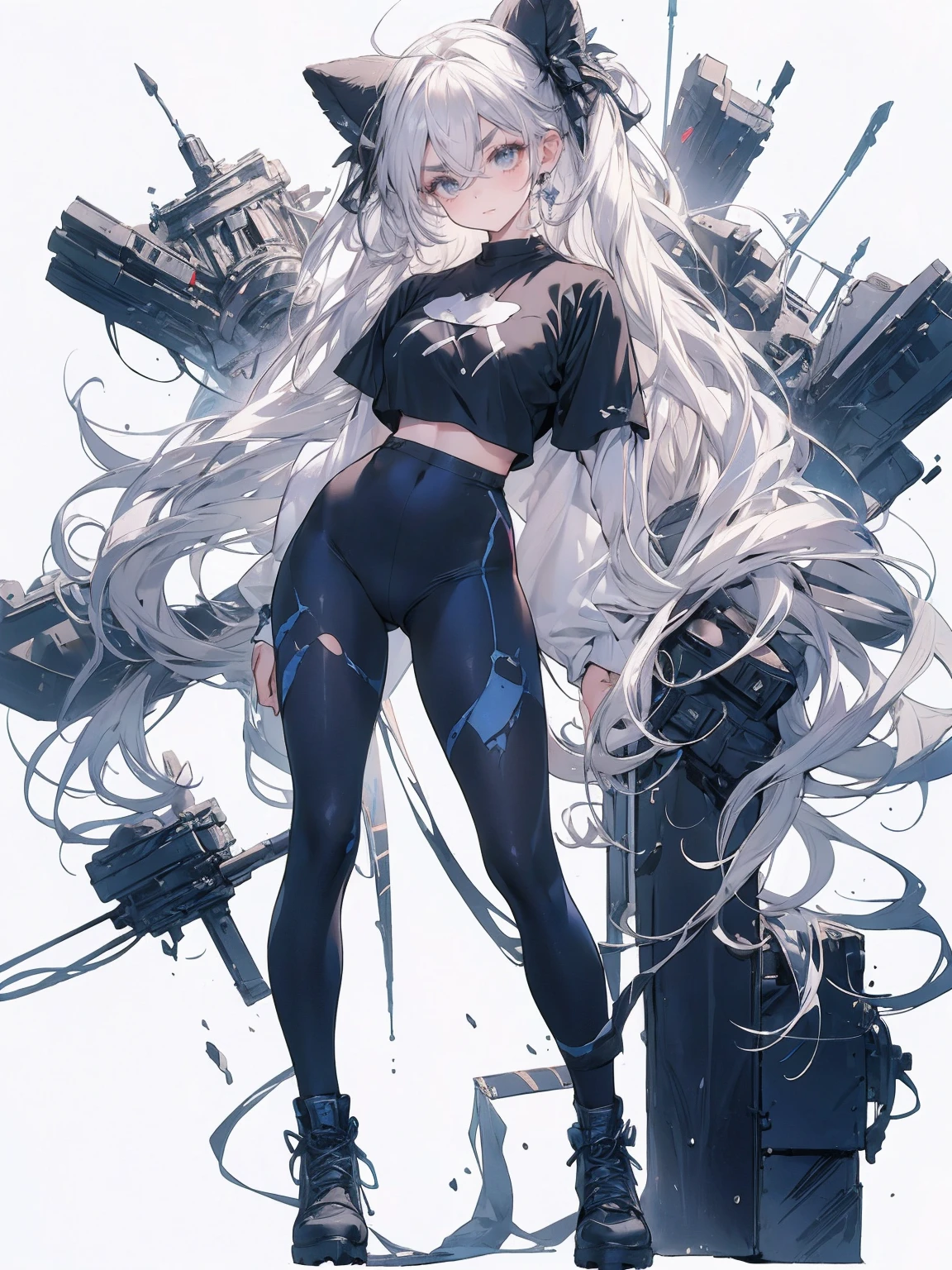 Sense of presence, look up, Focus on shoes, (White Hair Girl), (Thick, dark blue eyebrows:1.4), (Dark blue eyebrows:1.7), (Thick eyebrows:1.3), (Huge black fluffy animal ears:1.1), (Black animal ears:1.1), BREAK, (((Mesh Stitching Crop T-Shirt, Cutout Long Sleeve Top))),BREAK, (Big Breasts:1.2, Thick legs, Adult female body, Sturdy body:1.2), ((full body:1.7, Contrapposto:1.5)), (sharp eyes, Ultra-high definition CG, Precisely designed costumes, 4K, 8K, Ultra-high definition CG, Precisely designed costumes, Clear lines, Expressive and Captivating Eyes, Fine Details and Realistic Textures, cinematic lighting), ((white background)), BREAK, (Wearing black leggings with holes), Skinny sleeves, (Torn and holey leggings:1.2)(Black leggings:1.4), (過剰なRuggedThick soleブーツを履いています:1.2), (Thick sole:1.5), (Big shoes:1.3), brwak,((Lightsabers:1.3, embarrassed))