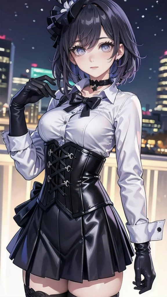 Masterpiece, Beautiful art, professional artist, 8k, Very detailed face, Detailed clothing, detailed fabric, 1 girl, Soul Fullness \(Honkai Impact 3rd\), front view, standing, perfectly drawn body, shy expression, pale skin, beautiful face, short dark blue hair, 4k eyes, very detailed eyes, pink cheeks, choker:1.6, (white long sleeve button down shirt with white collar), black gloves, gloves that cover hands, (black leather corset), (shiny black tight mini skirt), Sensual Lips , winter night, show details in the eyes, looking at the viewer, elegant city, at night