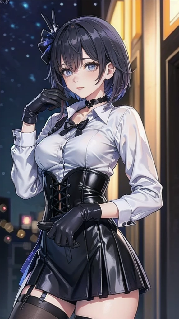 Masterpiece, Beautiful art, professional artist, 8k, Very detailed face, Detailed clothing, detailed fabric, 1 girl, Soul Fullness \(Honkai Impact 3rd\), front view, standing, perfectly drawn body, shy expression, pale skin, beautiful face, short dark blue hair, 4k eyes, very detailed eyes, pink cheeks, choker:1.6, (white long sleeve button down shirt with white collar), black gloves, gloves that cover hands, (black leather corset), (shiny black tight mini skirt), Sensual Lips , winter night, show details in the eyes, looking at the viewer, elegant city, at night