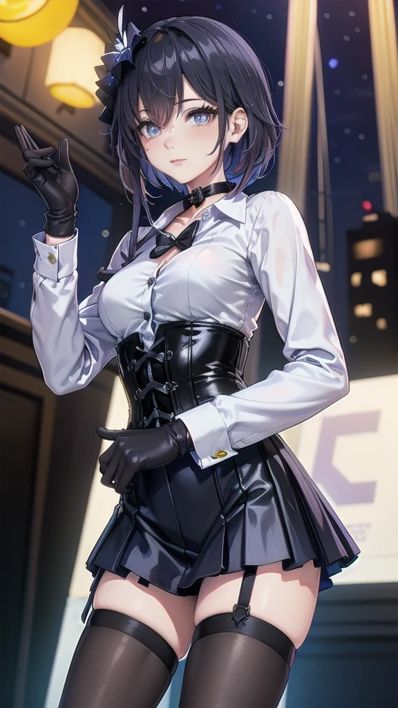 Masterpiece, Beautiful art, professional artist, 8k, Very detailed face, Detailed clothing, detailed fabric, 1 girl, Soul Fullness \(Honkai Impact 3rd\), front view, standing, perfectly drawn body, shy expression, pale skin, beautiful face, short dark blue hair, 4k eyes, very detailed eyes, pink cheeks, choker:1.6, (white long sleeve button down shirt with white collar), black gloves, gloves that cover hands, (black leather corset), (shiny black tight mini skirt), Sensual Lips , winter night, show details in the eyes, looking at the viewer, elegant city, at night