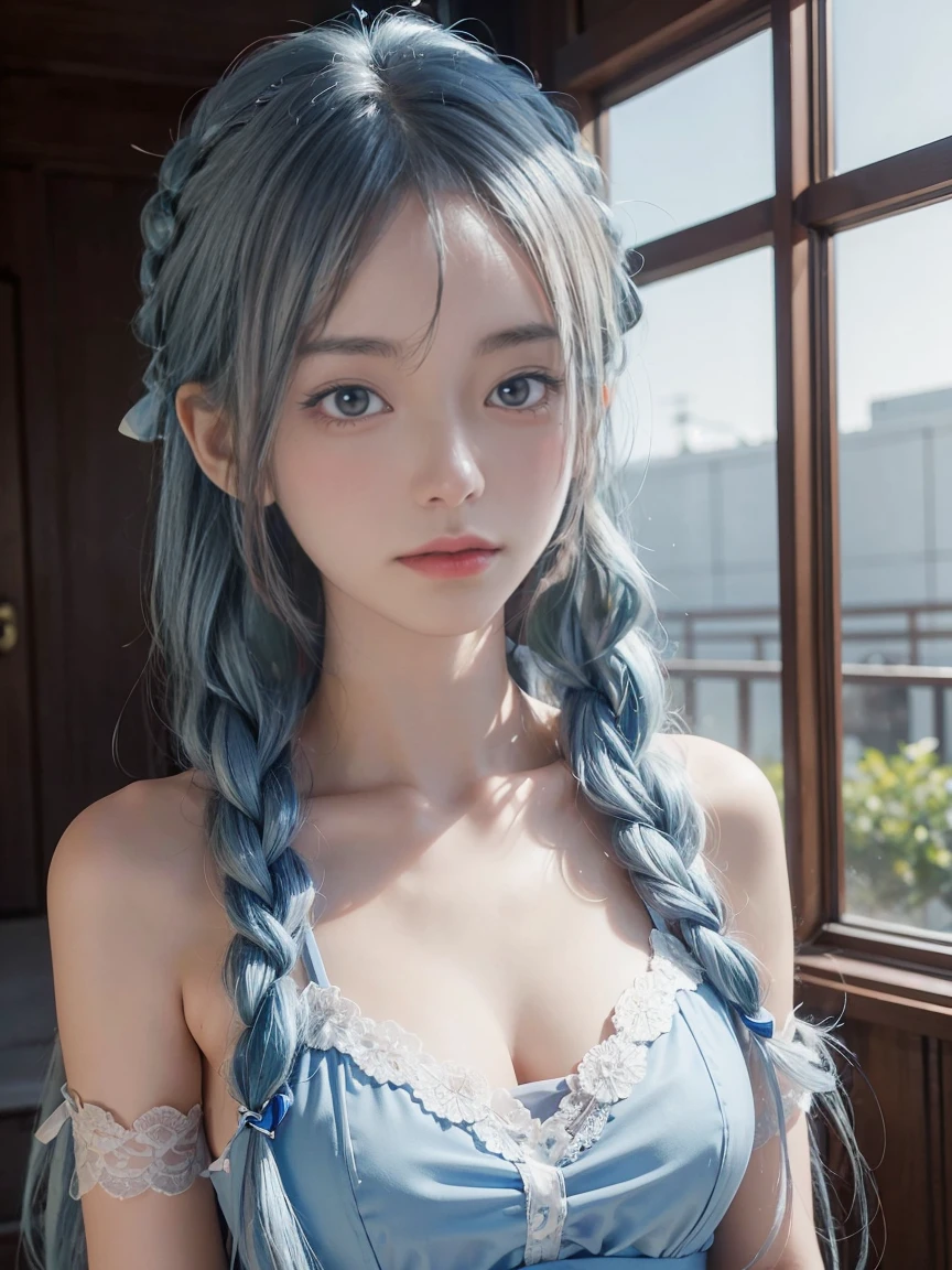 close up of a woman Blue Hairの posing for a picture, Real life anime girls, Anime Girl Cosplay, 美しいBlue Hairの少女, pretty girl Blue Hairの, Anime Cosplay, Sky blue straight hair, 流れるようなBlue Hair, Blue Hairの, girl Blue Hairの, Blue long hair, long 流れるようなBlue Hair, Straight sky blue hair, 美しいアニメスタイル Blue Hairと白いシャツを持つ人の接写, Real life anime girls, Hair blue two long braids, Pigtailsstyle, Two long blue braids, two blue braids, Twin tail hairstyle, Long blue braided hair, Anime Style, Inspired by anime, 美しいBlue Hairの少女, カラフルなPigtails, Pigtails,Slim figure, Small Bust, Slim girl model,,(Beautiful attention to detail:1.1),Expressionless,palace,Blue Hair,Disheveled Hair,Long bangs,Hair between the eyes,(White grey dress:1.1),Black Ribbon,White bow tie,abdomen,Large forehead,Blank face,pretty girl,, Upper Body, Sparkling eyes,Absurd, RAW Photos, Beautiful  Croatian girl, One girl,(Highly detailed skin),Curvy,Spaghetti strap top,,Fine details,Highly detailed CG,Detailed Texture,Realistic facial expression,masterpiece,Presence,dynamic,bold),Bob Hair,(Very thin hair),(Super soft hair),(Super Straight Hair:1.5),流したLong bangs,Very light coppery amber hair,Hair on one eye,Dressed,(Beautiful attention to detail:1.6), Highly detailed face, Perfect lighting, Highly detailed CG, (Perfect hands, Perfect Anatomy)Cecilia&#39;s hairstyle、It represents the purity of the White Saint and the strength of the Black Priest.。You can choose to incorporate either or both hair colors.、The hair style is sophisticated、Give it a sense of holiness and depth.。