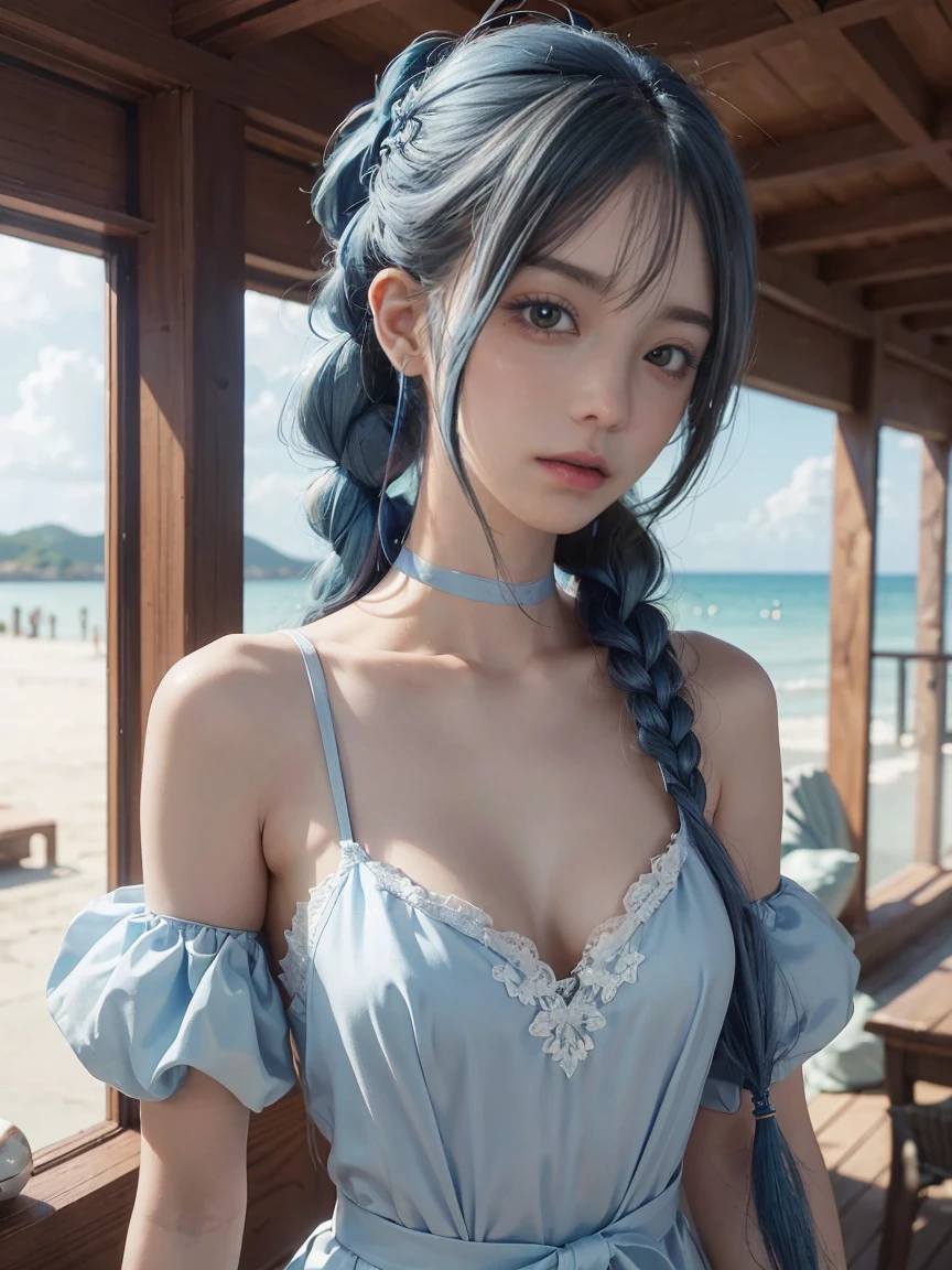 close up of a woman Blue Hairの posing for a picture, Real life anime girls, Anime Girl Cosplay, 美しいBlue Hairの少女, pretty girl Blue Hairの, Anime Cosplay, Sky blue straight hair, 流れるようなBlue Hair, Blue Hairの, girl Blue Hairの, Blue long hair, long 流れるようなBlue Hair, Straight sky blue hair, 美しいアニメスタイル Blue Hairと白いシャツを持つ人の接写, Real life anime girls, Hair blue two long braids, Pigtailsstyle, Two long blue braids, two blue braids, Twin tail hairstyle, Long blue braided hair, Anime Style, Inspired by anime, 美しいBlue Hairの少女, カラフルなPigtails, Pigtails,Slim figure, Small Bust, Slim girl model,,(Beautiful attention to detail:1.1),Expressionless,palace,Blue Hair,Disheveled Hair,Long bangs,Hair between the eyes,(White grey dress:1.1),Black Ribbon,White bow tie,abdomen,Large forehead,Blank face,pretty girl,, Upper Body, Sparkling eyes,Absurd, RAW Photos, Beautiful  Croatian girl, One girl,(Highly detailed skin),Curvy,Spaghetti strap top,,Fine details,Highly detailed CG,Detailed Texture,Realistic facial expression,masterpiece,Presence,dynamic,bold),Bob Hair,(Very thin hair),(Super soft hair),(Super Straight Hair:1.5),流したLong bangs,Very light coppery amber hair,Hair on one eye,Dressed,(Beautiful attention to detail:1.6), Highly detailed face, Perfect lighting, Highly detailed CG, (Perfect hands, Perfect Anatomy)Cecilia&#39;s hairstyle、It represents the purity of the White Saint and the strength of the Black Priest.。You can choose to incorporate either or both hair colors.、The hair style is sophisticated、Give it a sense of holiness and depth.。