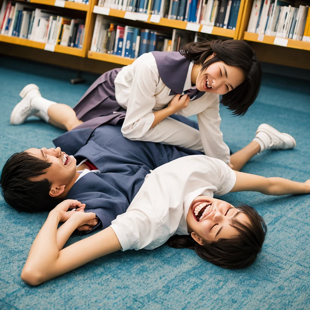 romantic couple. Japanese. a man is lying on the library floor, laughing cheerfully, woman sitting laughing wearing Japanese school clothes above him.