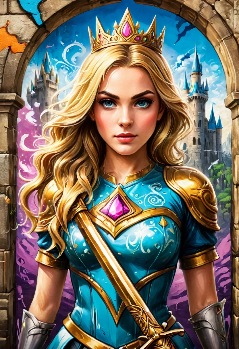 a graffiti painting art on the wall of the castle of  Princess Zelda on the wall of a castle, ,Princess Zelda (intense details, Masterpiece, best quality: 1.5), ultra detailed face, ultra feminine, fair skin, exquisite beauty, gold hair, long hair, wavy hair, small pointed ears, dynamic eyes color, wearing heavy green and white armor, shinning metal, armed with elven sword, ais-graffiti, chumbasket art style, graffiti art
