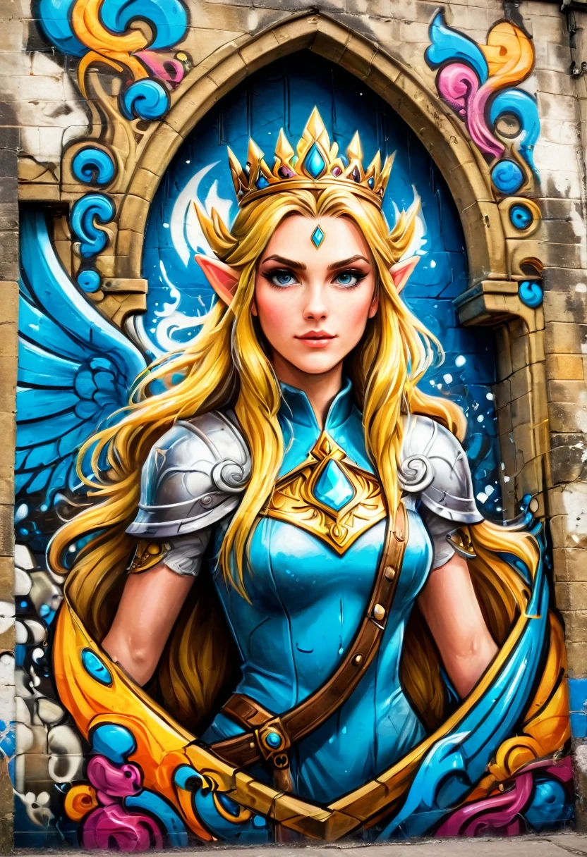 a graffiti painting art on the wall of the castle of Princess Zelda on the wall of a castle, ,Princess Zelda (intense details, Masterpiece, best quality: 1.5), ultra detailed face, ultra feminine, fair skin, exquisite beauty, gold hair, long hair, wavy hair, small pointed ears, dynamic eyes color, wearing heavy green and white armor, shinning metal, armed with elven sword, ais-graffiti, chumbasket art style, graffiti art