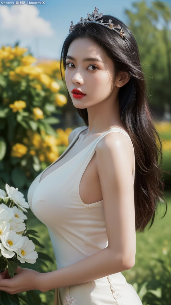 ((Hyper realistic super detailed, masterpiece:9.8, top quality:9.8, best quality:9.8, official art, beautiful:2.9), safe for work, sfw, ultra high res, (photorealistic:3.5), extreme detailed, colorful, highest detailed, official art, unity 8k wallpaper, ultra detailed, 1girl, very hot, very y, Detailed face:3.0, face is clear and delicate, 8K RAW, perfect face, Ultra realism, ((1 y Apsara, very hot, black hair, proper straight hair, long hair, big boob:1.osing in heaven)), white clouds, (((a little crown made of flowers on head, jawline))), ((cinematic shot, cinematic lighting, closeup shot, red lips, female anatomy)), ((long hair:2.2, straight hair:2.4, young apsara, detailed eyes, bare shoulders, white background, sky in background)), ((photo realistic, depth of field, fair skin:1.2)), high resolution, solo, gorgeous:2.5, upper body, cinematic lighting, HDR (High Dynamic Range), Ray Tracing, NVIDIA RTX, Super-Resolution, Unreal 5, Subsurface scattering, Texturing, Post-processing, Anisotropic Filtering, Depth-of-field, Maximum clarity and sharpness, Multi-layered textures, Surface shading, Accurate simulation of light-material interaction, Pertions, Octane Render, Two-tone lighting, Wide aperture, Low ISO, White balance, Rule of thirds