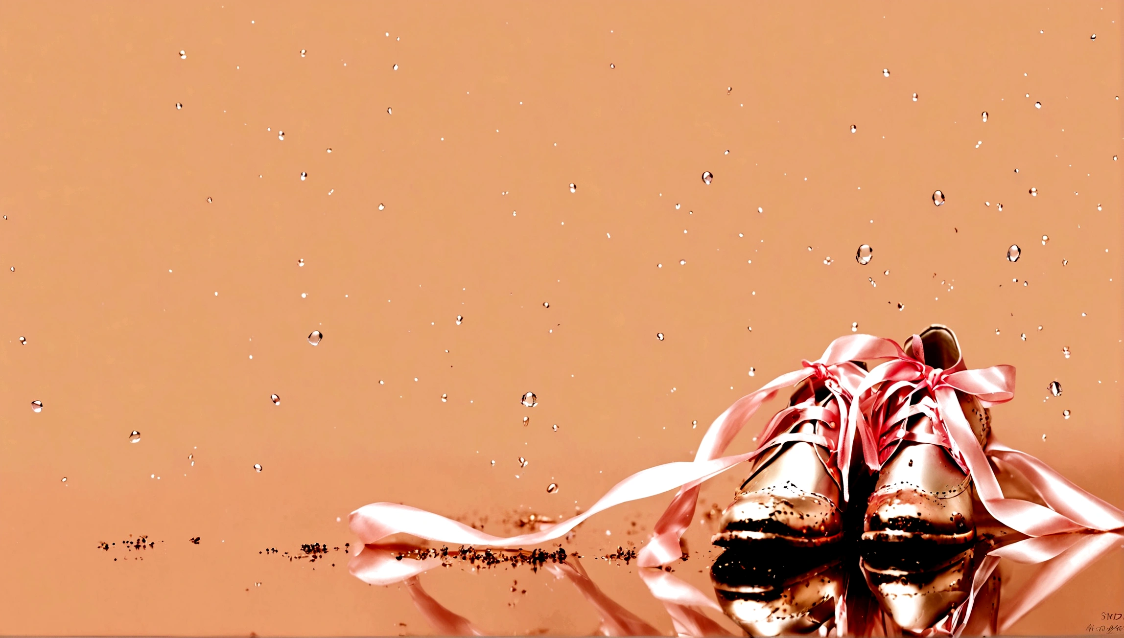 A drop of light pink paint falling into water，Smudge；The water is golden and transparent。Underwater Vision。