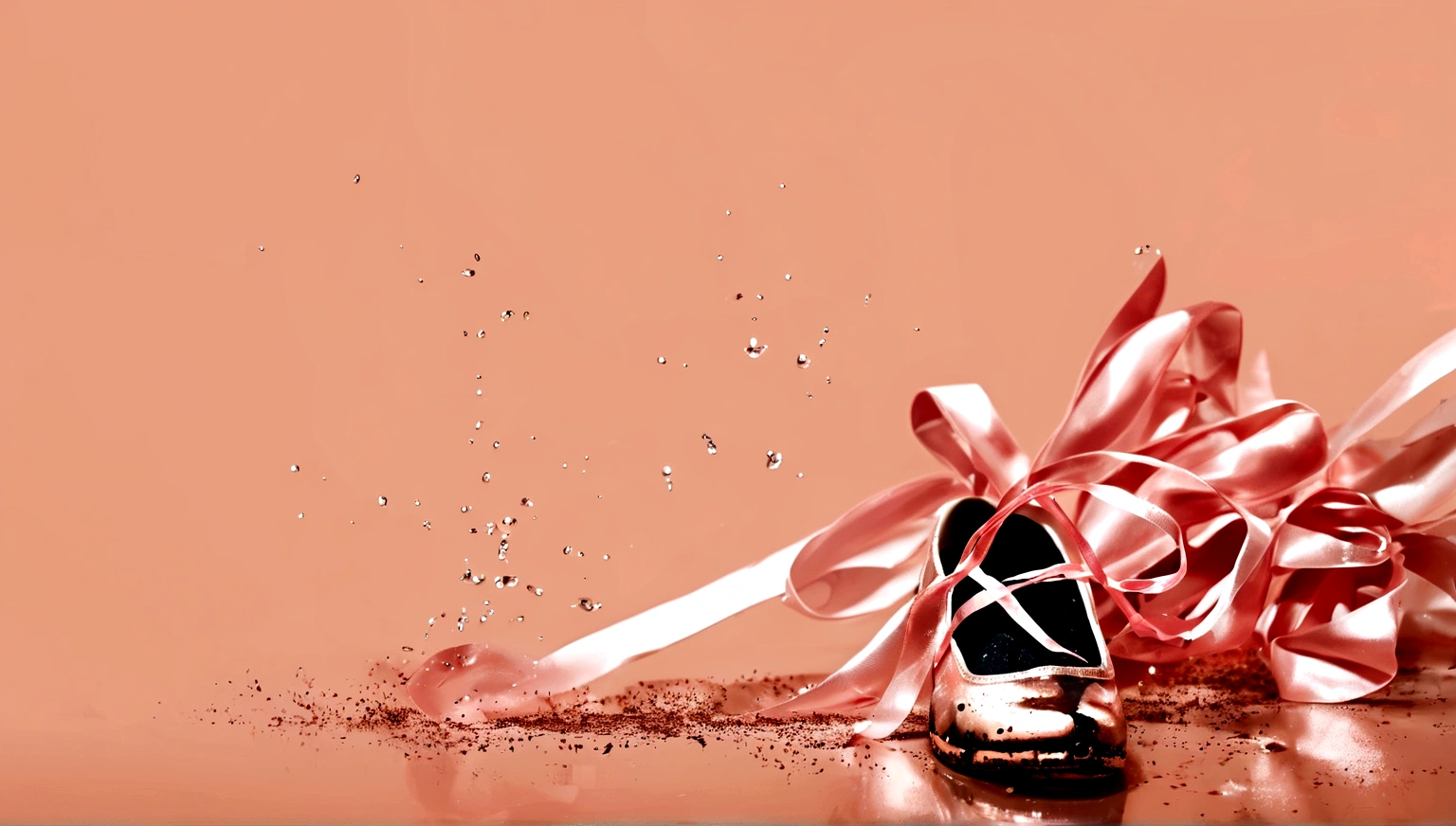 A drop of light pink paint falling into water,Smudge;The water is golden and transparent。Underwater Vision。