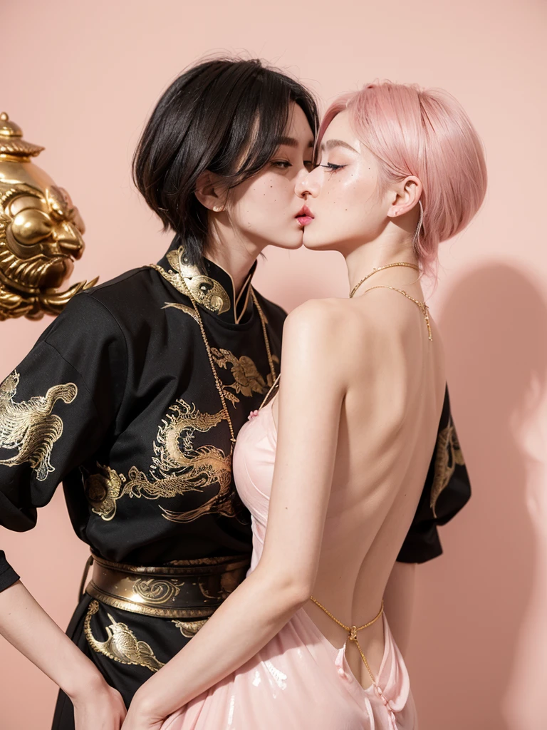 Background ( golden wall and black dragon painting), standing near a samurai Armor , Wearing ( a black and golden dragon print backless dress), back view,cute girl short pink hair ,all her hair short pink , with a star clip in her pink hair, light colored eyes, pretty eyes, happy eyes, pretty, upturned nose, watery nose, Pretty lips, pink lips, heart and cupid shaped lip, pretty skin, pale, White skin, with moles and freckles all over his face, soft pink blush on the cheeks, natural pink blush, soft pink makeup, Jennie, nice neck, frown, tender look, with a kiss necklace, Delgado, marked and pretty, , photorealism, 8k , photorealistic , show clearly,