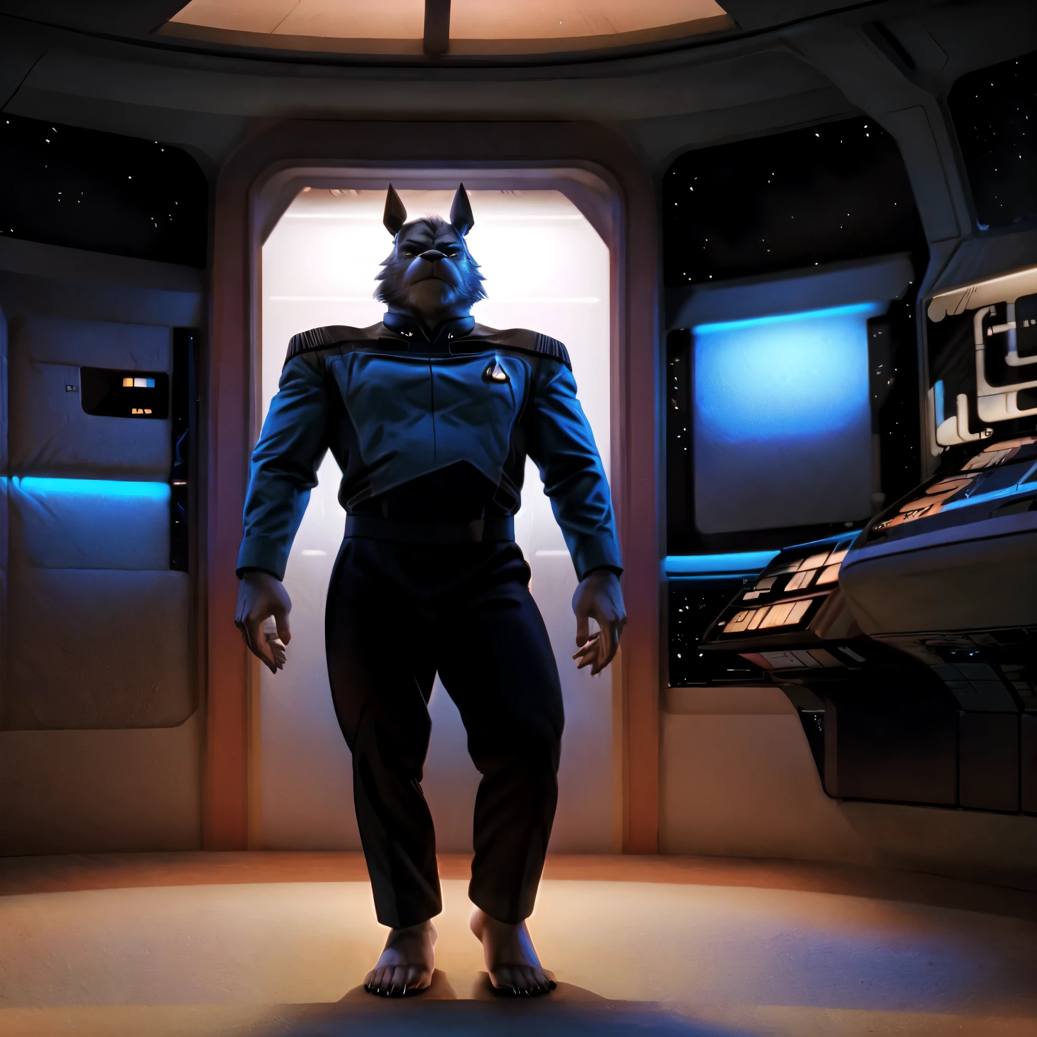 (((Barefoot furry character, full body, cinematic setting, furry male, plantigrade))) 

captain ((Totoro)), studio ghibili, furry, big, fat, whiskers, grey skin, claws,

exudes confidence and authority on starship bridge, wears star trek next generation doctor blue uniform, ((s3stngunf uniform))) long black pants, muscular figure, dynamic pose, action expression

((Bridge of starship with many screens and consoles)), futuristic look, metalic, bright colors

BREAK, intricate details, highly detailed, extreme detail, octane render, fine art, best quality, highres, (detailed face:1.5), ((full_body)), UHD, (((perfect hands))), ((low light:1.5))